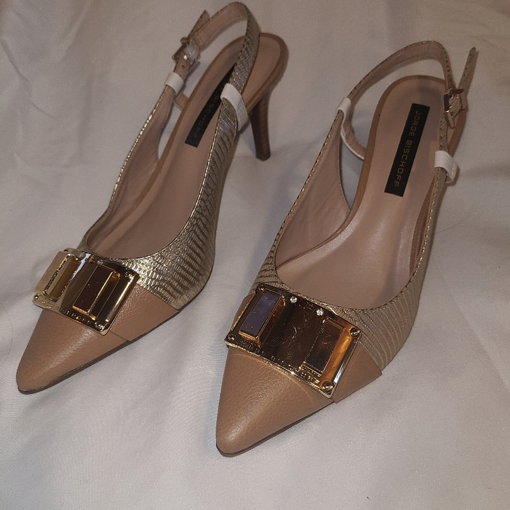 Jorge Bischoff Slingback Heels with Gold Accents sz 7 Brazil Made Stiletto Heel